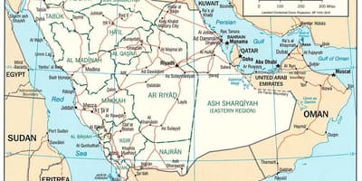 Karta Saudijskoj Arabiji s naziv grada